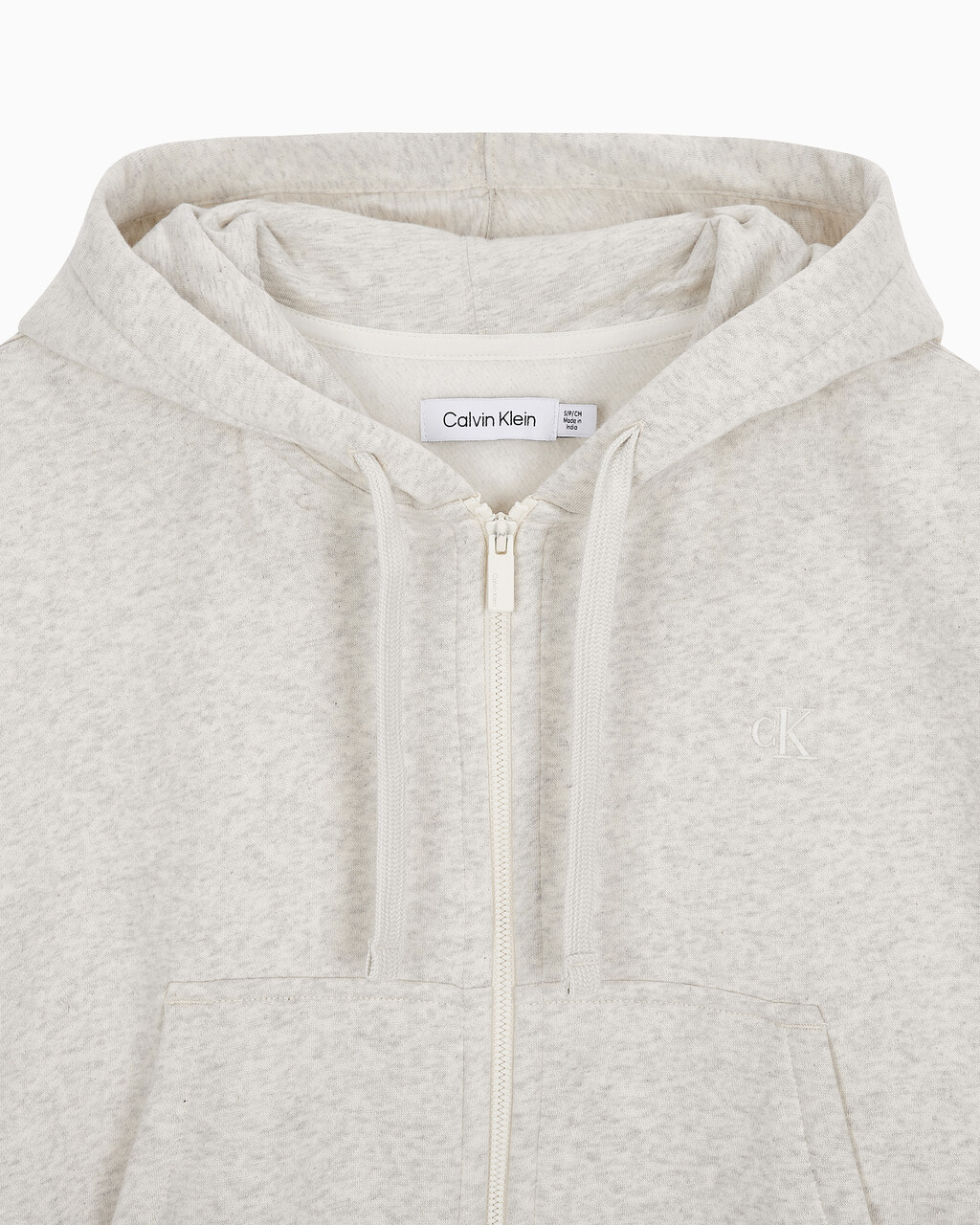Buy 여성 릴렉스핏 CK 스몰 로고 크롭 기모 후드 집업 in color VANILLA HEATHER