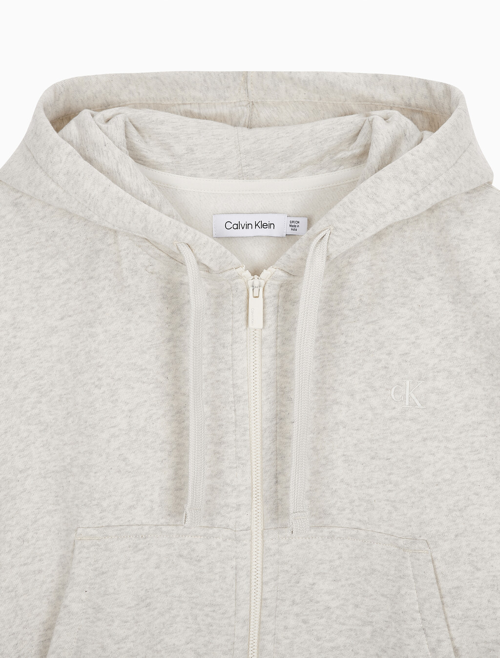 Buy 여성 아카이브 릴렉스핏 CK 스몰 로고 크롭 기모 후드 집업 in color VANILLA HEATHER