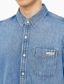 Buy 남성 블루 텐셀 반팔 데님 셔츠 in color BLUE RETROGRADE