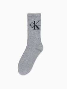 Buy 남성 콤드 코튼 립 크루 모노그램 중목 양말 (화이트 1 PAIR) in color GREY HTR