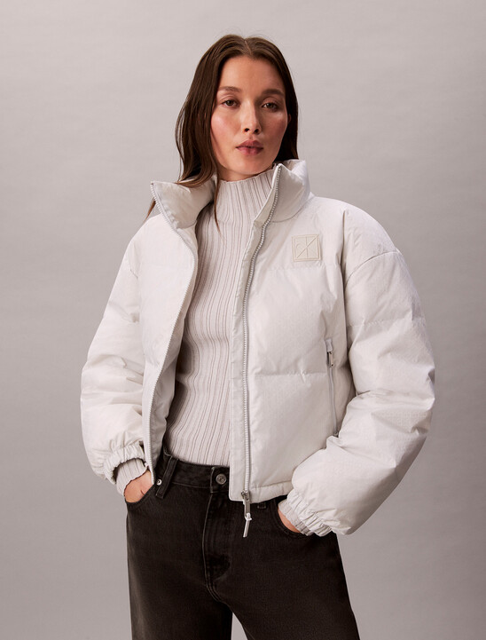 여성 AOP 로고 자카드 다운 자켓