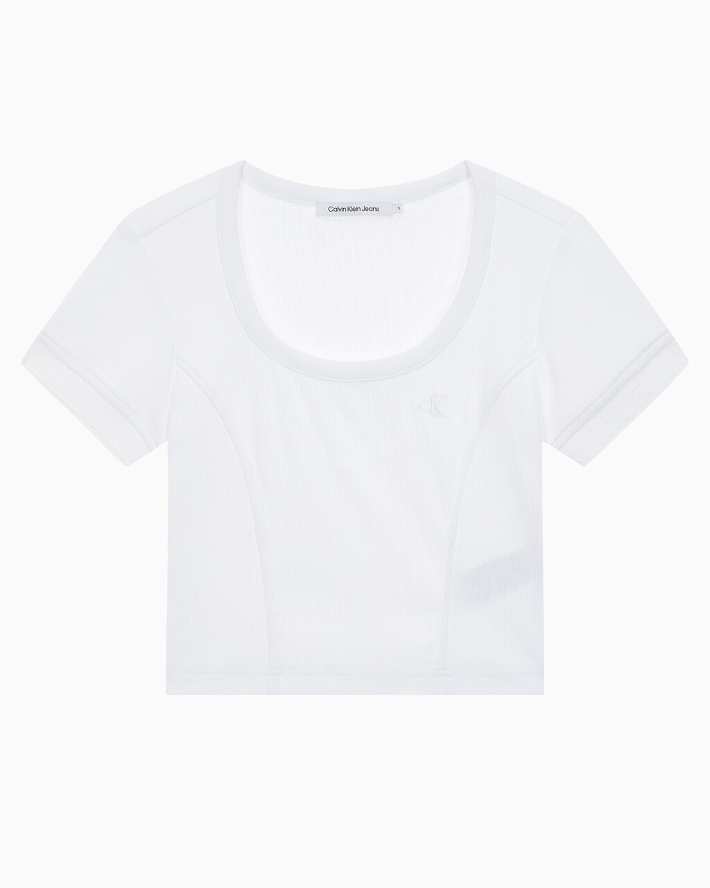 Buy 여성 엠보스 로고 U넥 크롭 반팔 티셔츠 in color BRIGHT WHITE