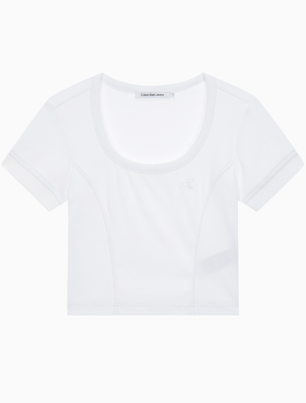 Buy 여성 엠보스 로고 U넥 크롭 반팔 티셔츠 in color BRIGHT WHITE