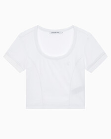Buy 여성 엠보스 로고 U넥 크롭 반팔 티셔츠 in color BRIGHT WHITE