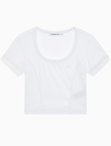 Buy 여성 엠보스 로고 U넥 크롭 반팔 티셔츠 in color BRIGHT WHITE