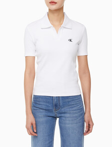 Buy 여성 슬림핏 립 브이넥 폴로 티셔츠 in color BRIGHT WHITE