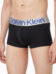 Buy 남성 CK 리컨시더드 스틸 마이크로 로우 라이즈 트렁크 3PK in color BLACK WITH BLACK LOGO/ HIDEAWAY BLUE LOGO/ BEL AIR BLUE LOGO