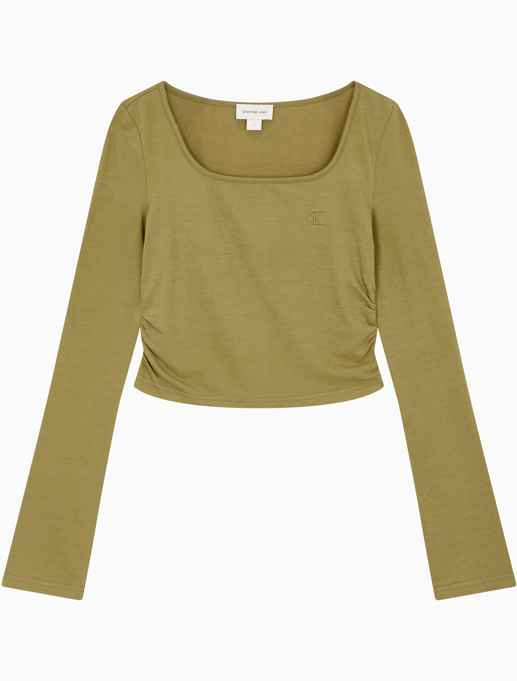 Buy 여성 텍스쳐 게더 베이비 롱슬리브 티 in color OLIVE