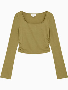 Buy 여성 텍스쳐 게더 베이비 롱슬리브 티 in color OLIVE