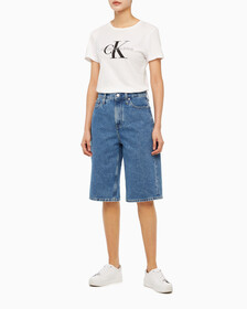Buy 여성 롱 버뮤다 맘핏 쇼츠 in color MID BLUE BACK EMBRO