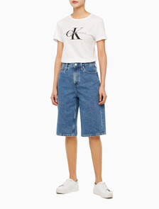 Buy 여성 롱 버뮤다 맘핏 쇼츠 in color MID BLUE BACK EMBRO