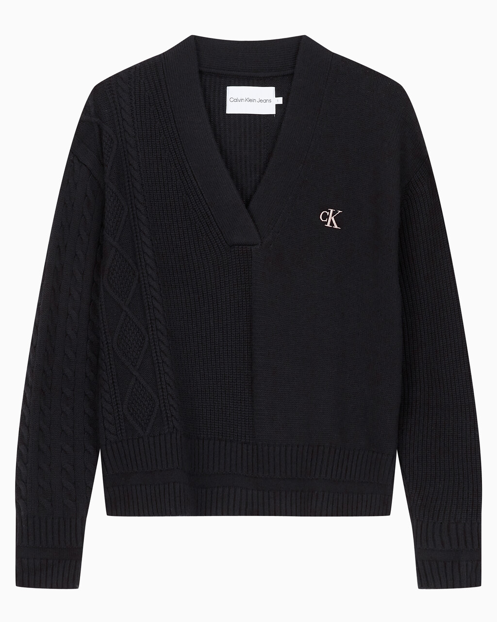 Buy 여성 케이블 인터레스트 브이넥 풀오버 울 스웨터 in color CK BLACK