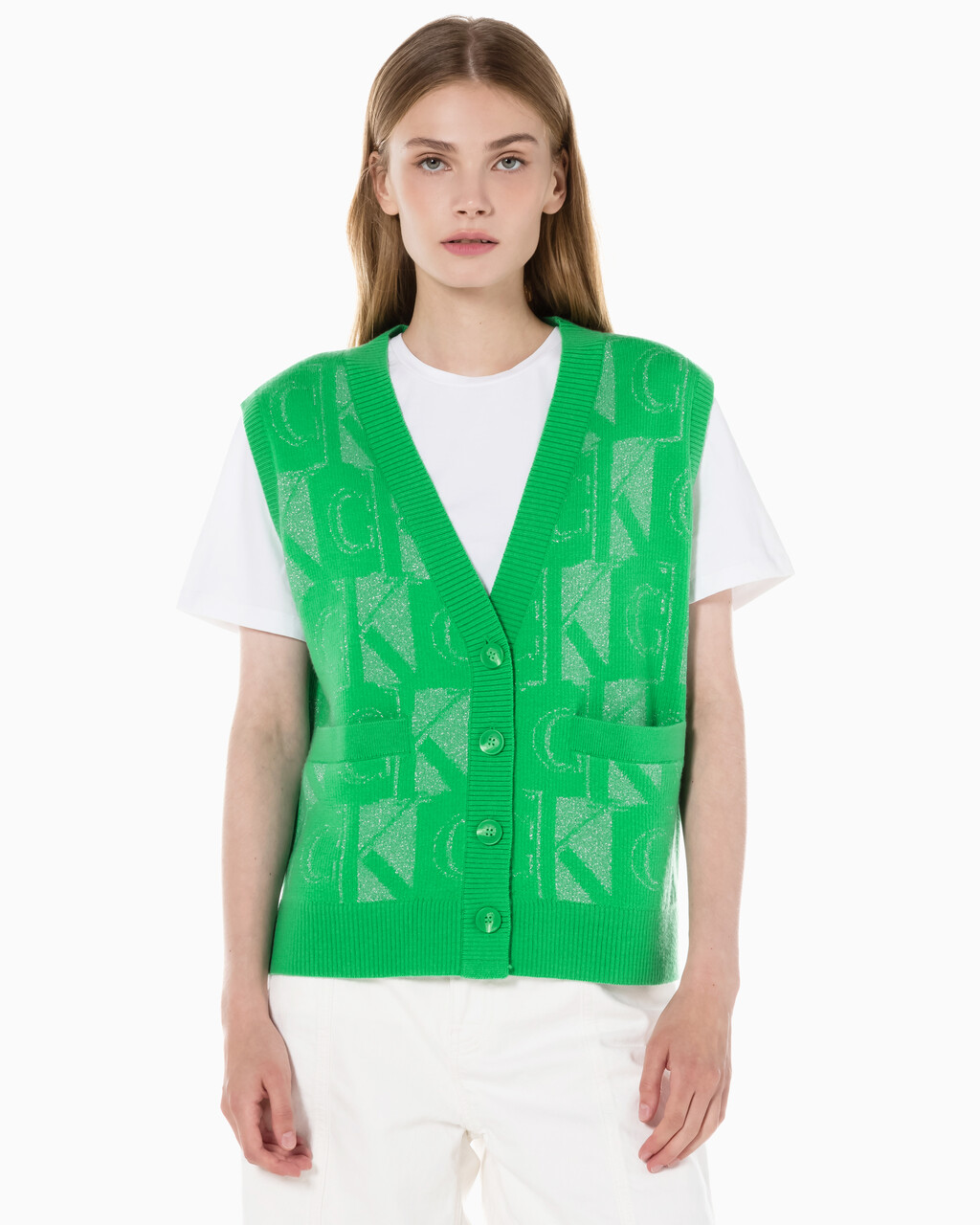 Buy 여성 프리미엄 라인 메탈릭 올오버프린트 베스트 in color GREEN