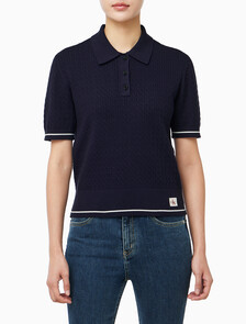 Buy 여성 우븐라벨 크롭드 케이블 스웨터 in color Evening Blue