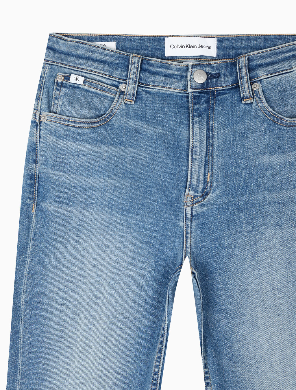 Buy 여성 하이라이즈 바디슬림 부츠핏 앵클 미드블루  데님 in color MID BLUE BACK EMBRO
