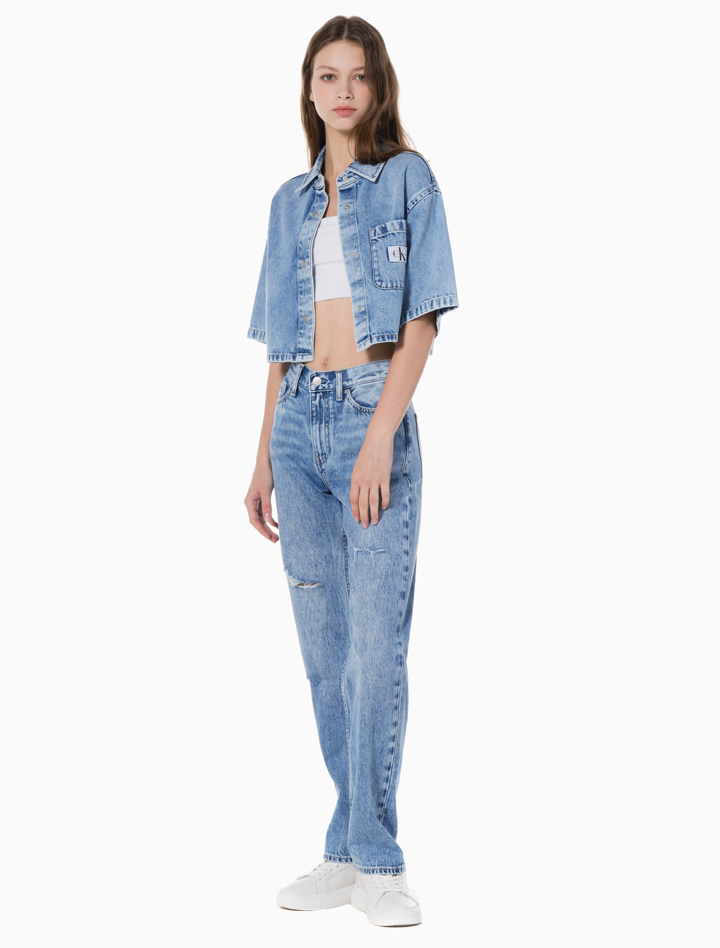 Buy 여성 하이라이즈 스트레이트핏 라이트블루 데님 in color CHALKY BLUE