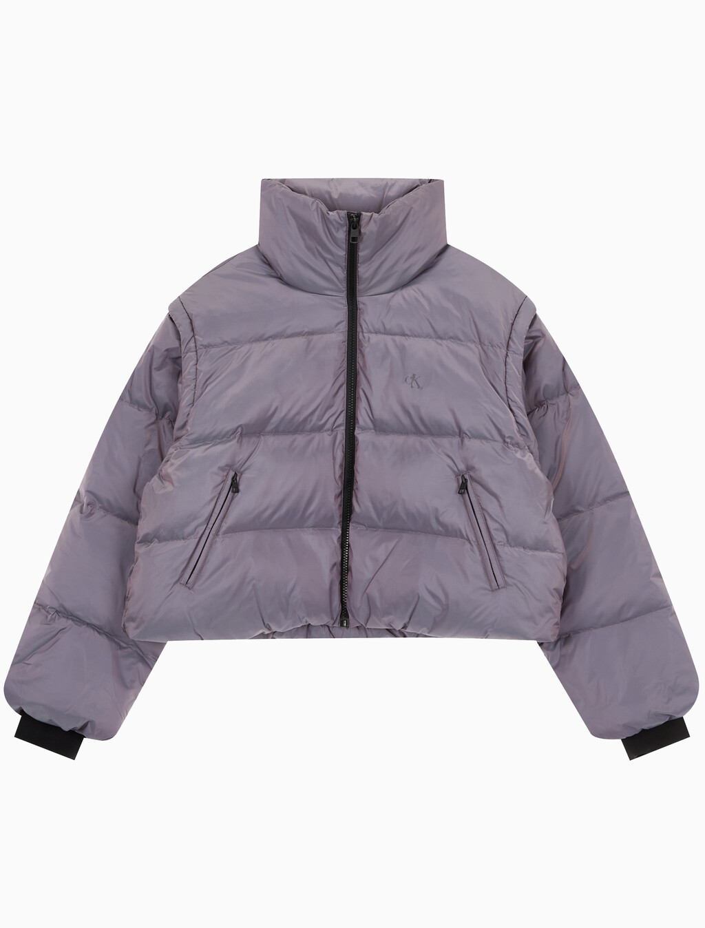 Buy 여성 투톤 글로시 디터쳐블 크롭 다운 in color AMARANTH 