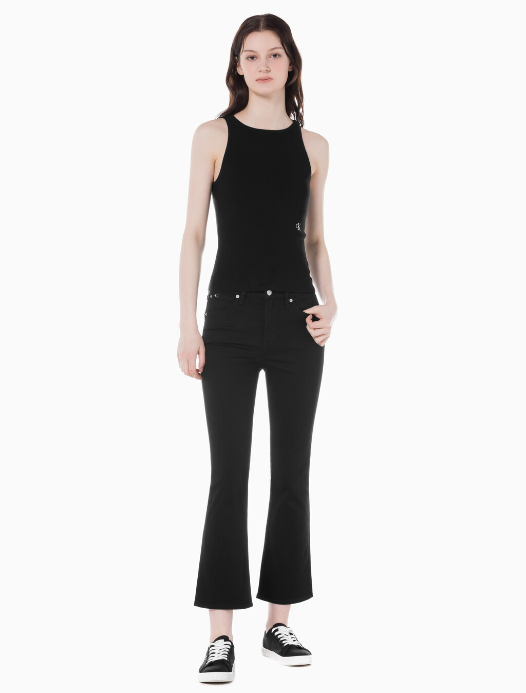Buy 여성 하이라이즈 바디슬림 부츠핏 앵클 블랙 데님 in color WASHED BLACK LOGO LACE