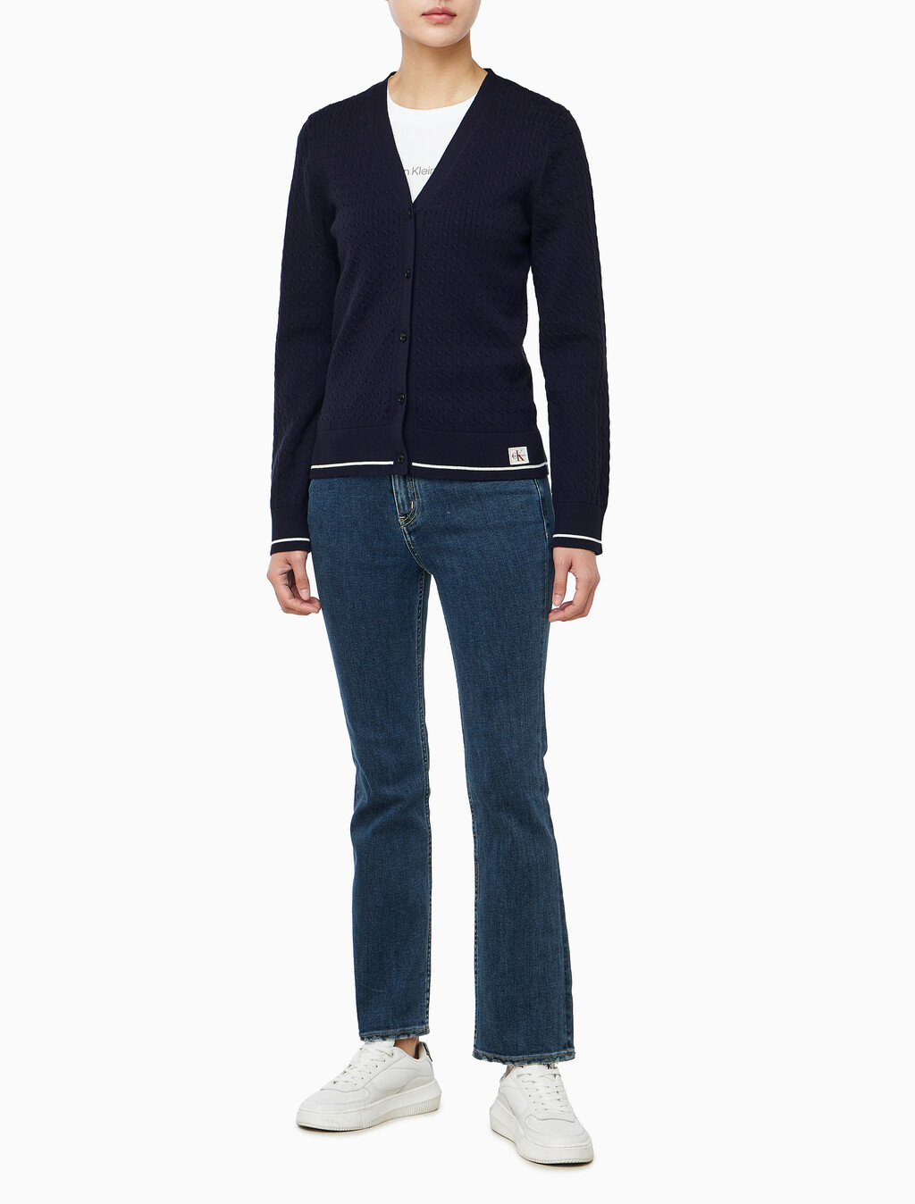 Buy 여성 우븐라벨 케이블 가디건 in color Evening Blue