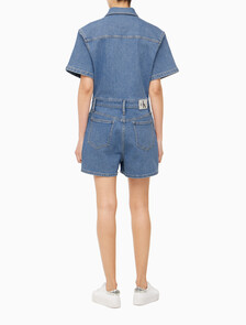 Buy 여성 미드블루 데님 숏 오버롤 in color MID BLUE BACK EMBRO