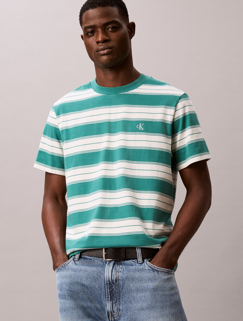 Buy 이지 저지 스트라이프 크루넥 티 in color Blue Green