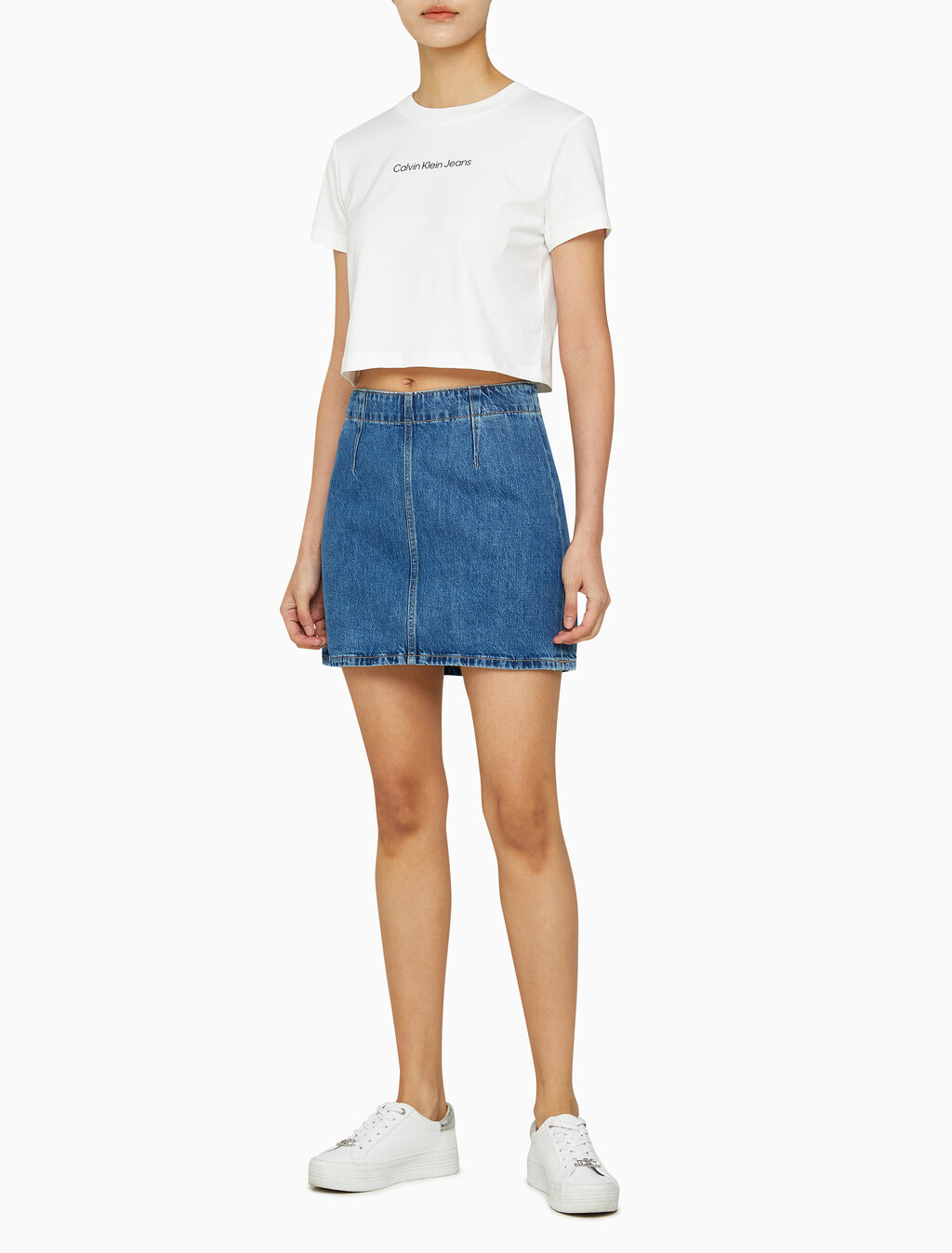 Buy 여성 미드라이즈 A라인 다티드 미니 스커트 in color MID BLUE BACK EMBRO