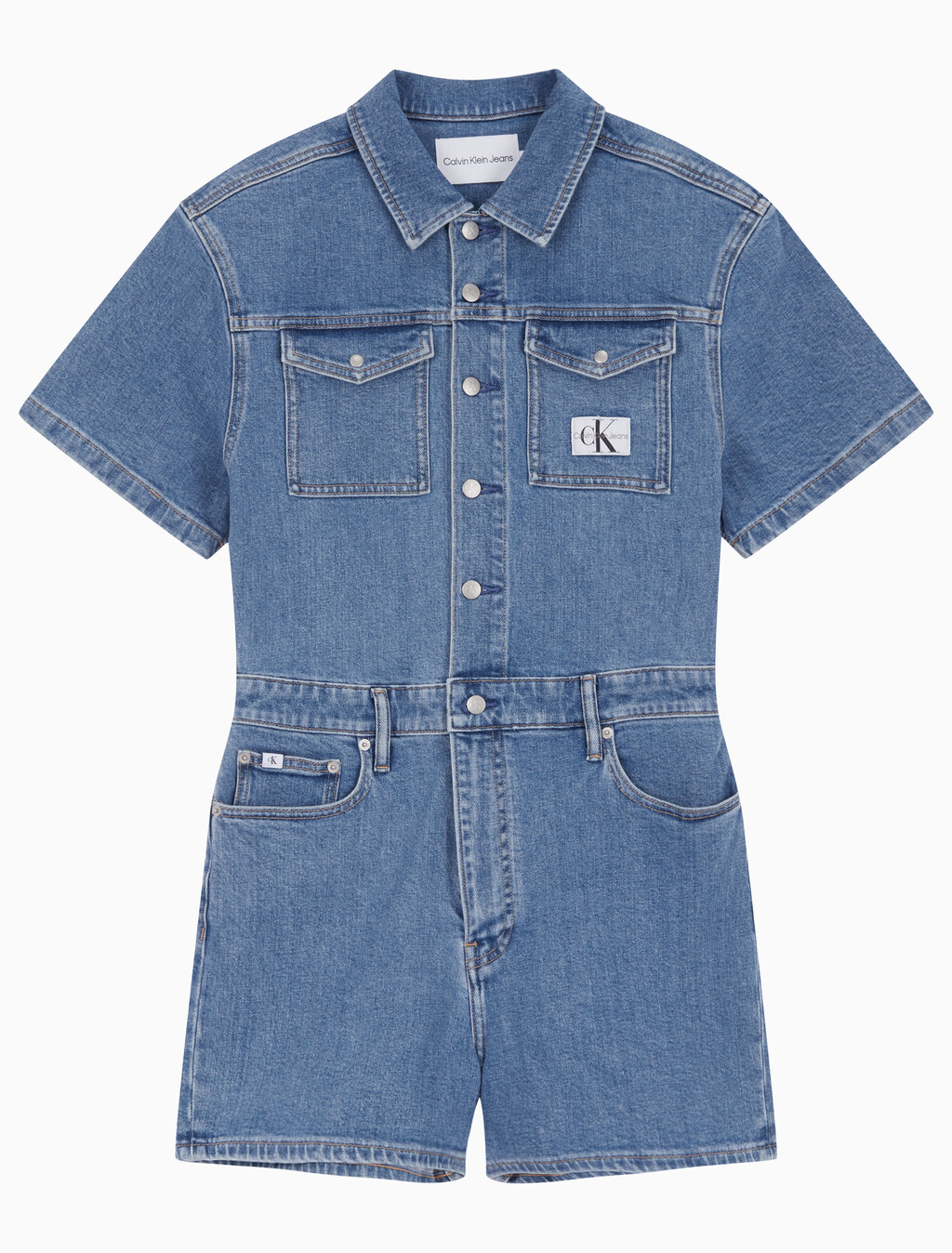 Buy 여성 미드블루 데님 숏 오버롤 in color MID BLUE BACK EMBRO