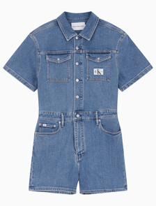 Buy 여성 미드블루 데님 숏 오버롤 in color MID BLUE BACK EMBRO