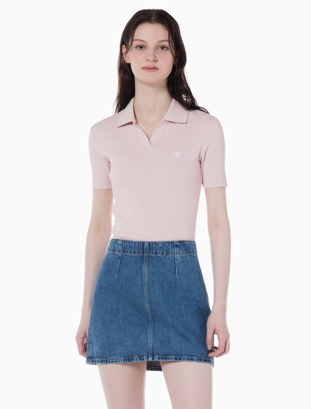 Buy 여성 슬림핏 립 브이넥 폴로 티셔츠 in color PINK