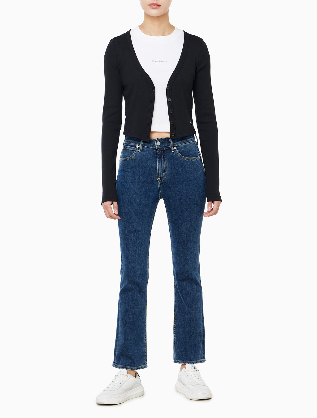 Buy 여성 우븐라벨 베이비립 가디건 in color BLACK