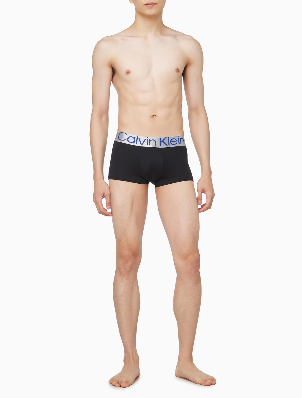 Buy 남성 CK 리컨시더드 스틸 마이크로 로우 라이즈 트렁크 3PK in color BLACK WITH BLACK LOGO/ HIDEAWAY BLUE LOGO/ BEL AIR BLUE LOGO