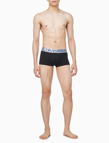Buy 남성 CK 리컨시더드 스틸 마이크로 로우 라이즈 트렁크 3PK in color BLACK WITH BLACK LOGO/ HIDEAWAY BLUE LOGO/ BEL AIR BLUE LOGO