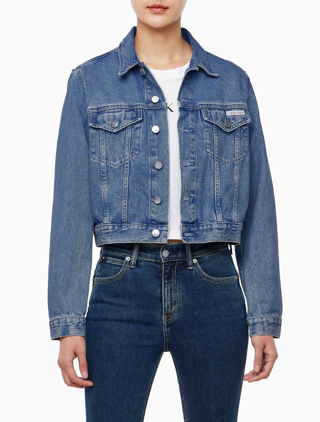 Buy 여성 90's 크롭 데님 자켓 in color MID BLUE BACK EMBRO