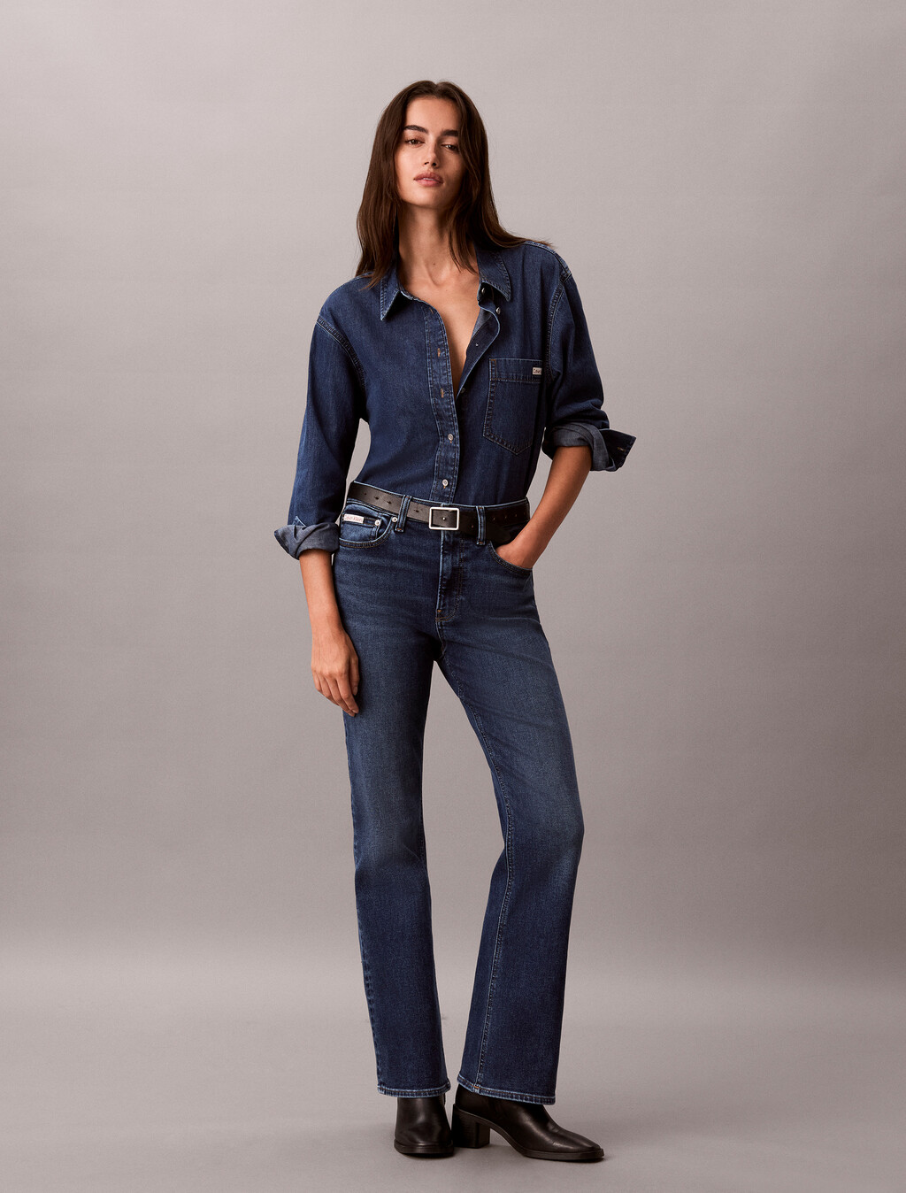 Buy 여성 하이라이즈 부츠컷 인디고 에코 데님 in color Dark Blue