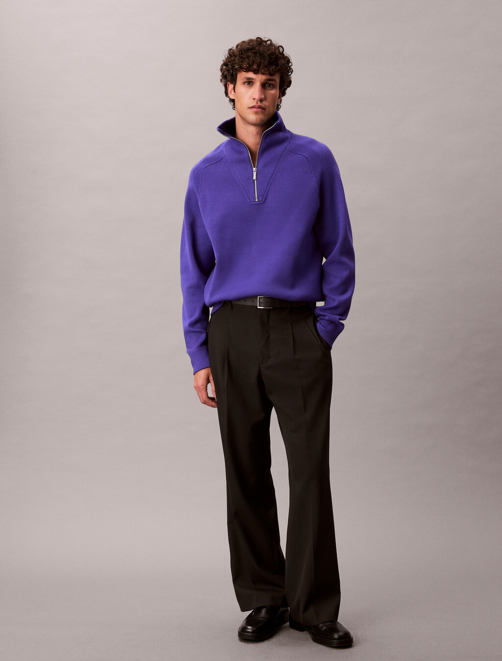 Buy 유니섹스 롱슬리브 테크 니트 쿼터 집업 스웨터 in color TENCEL RINSE BLUE