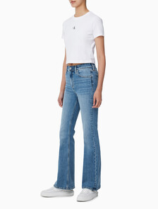 Buy 여성 하이라이즈 플레어핏 미드블루 이탈리안 데님 in color MID BLUE BACK EMBRO