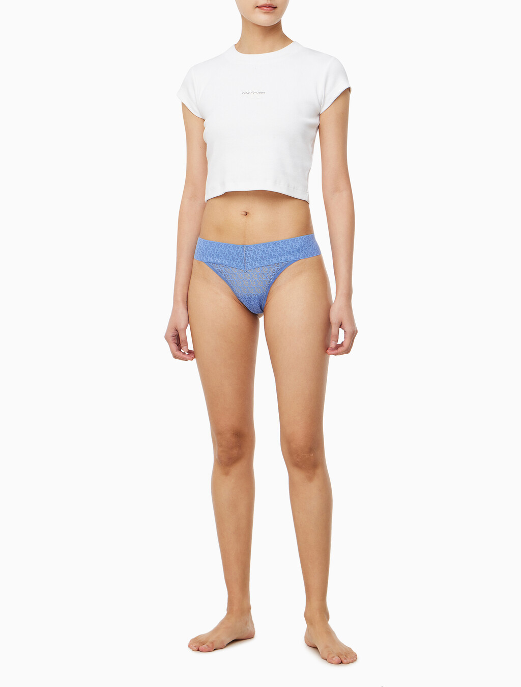 Buy 여성 CK 로고 레이스 트림 로우라이즈 T팬티 in color GLACIER