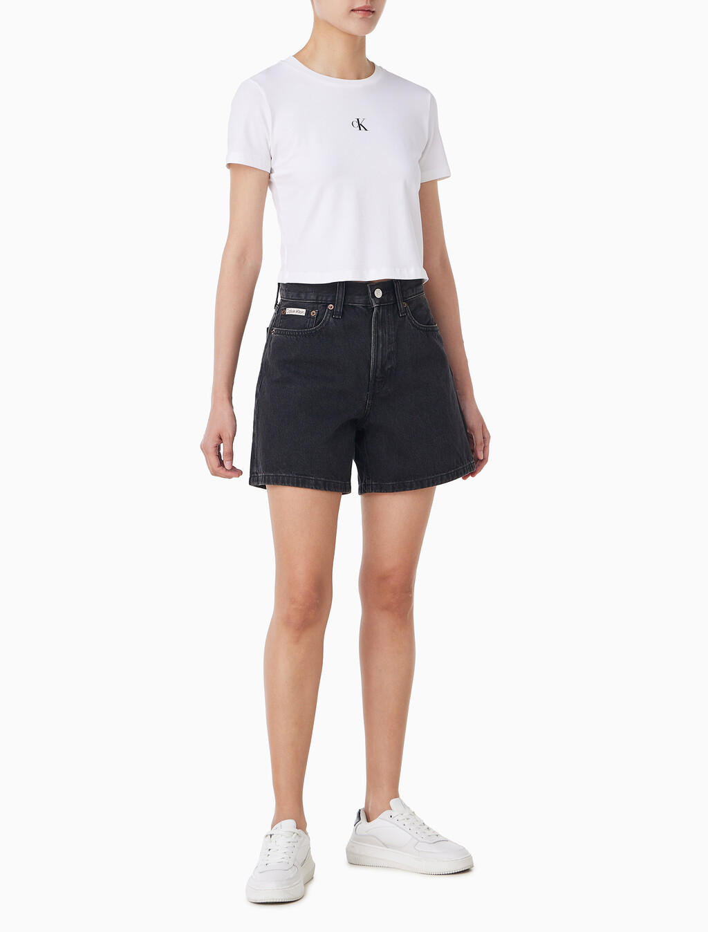 Buy 여성 하이라이즈 A라인 블랙 데님 쇼츠 in color CK ESSENTIAL BLACK