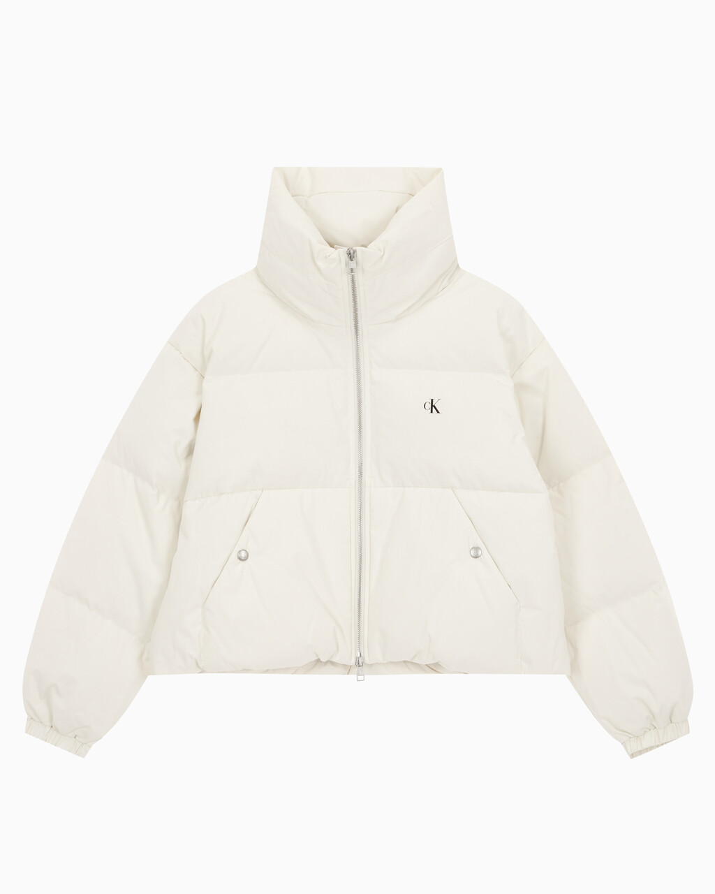 Buy 여성 볼륨 넥 크롭 다운 푸퍼 in color WHITE
