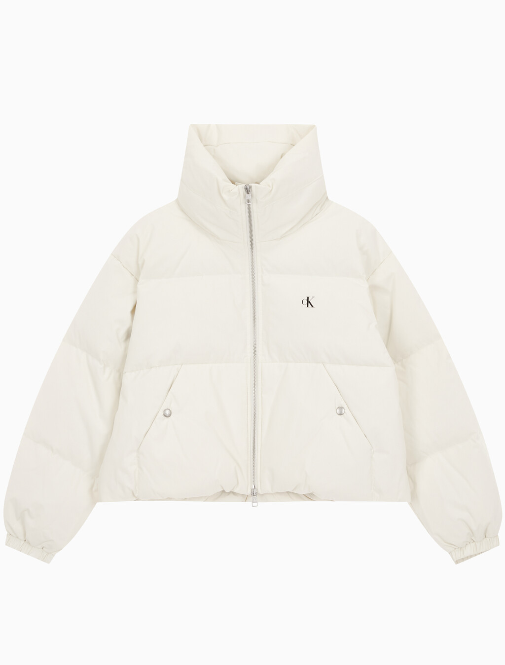 Buy 여성 볼륨 넥 크롭 다운 푸퍼 in color WHITE