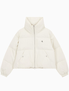 Buy 여성 볼륨 넥 크롭 다운 푸퍼 in color WHITE