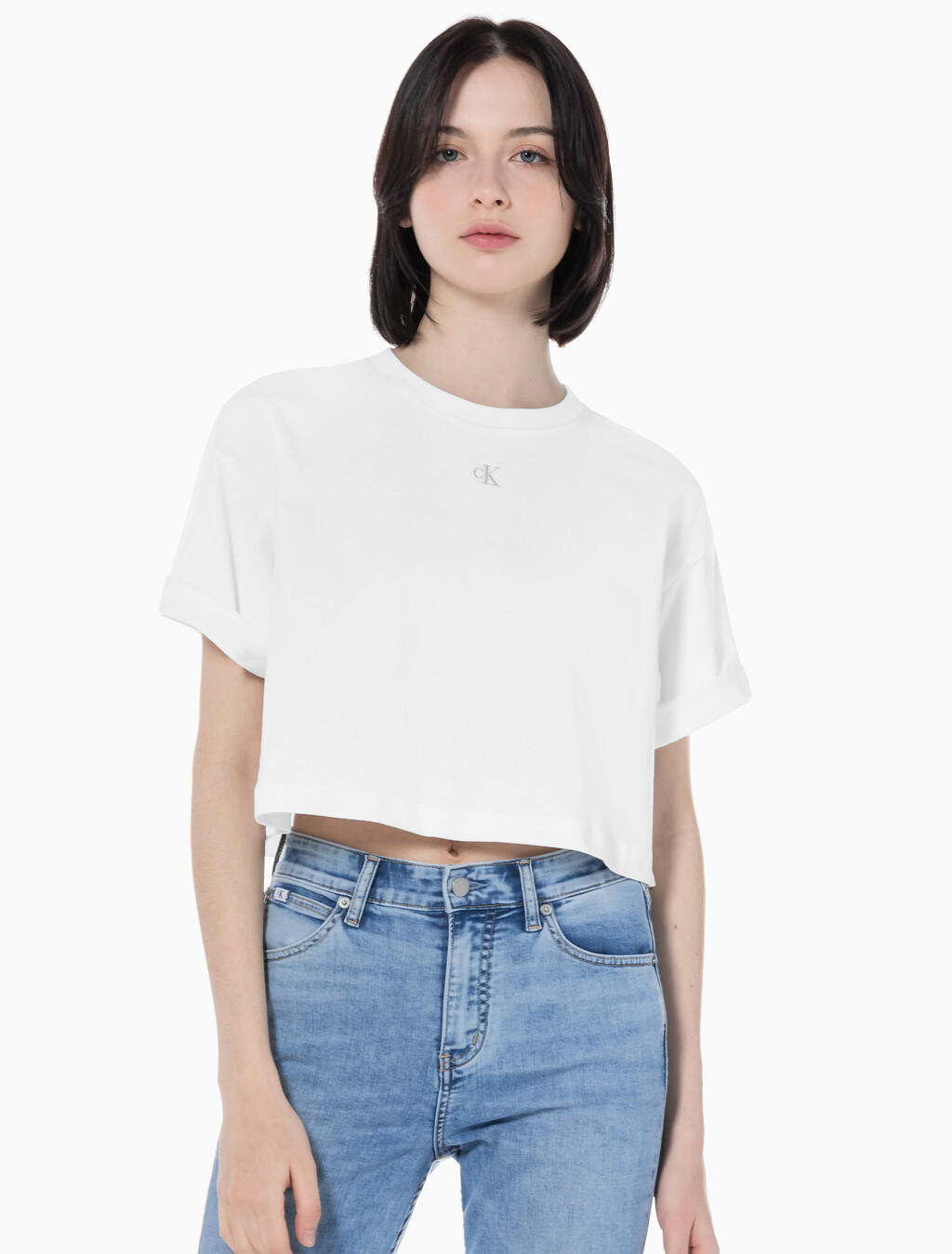 Buy 여성 그래픽 크롭 반팔 티셔츠 in color BRIGHT WHITE