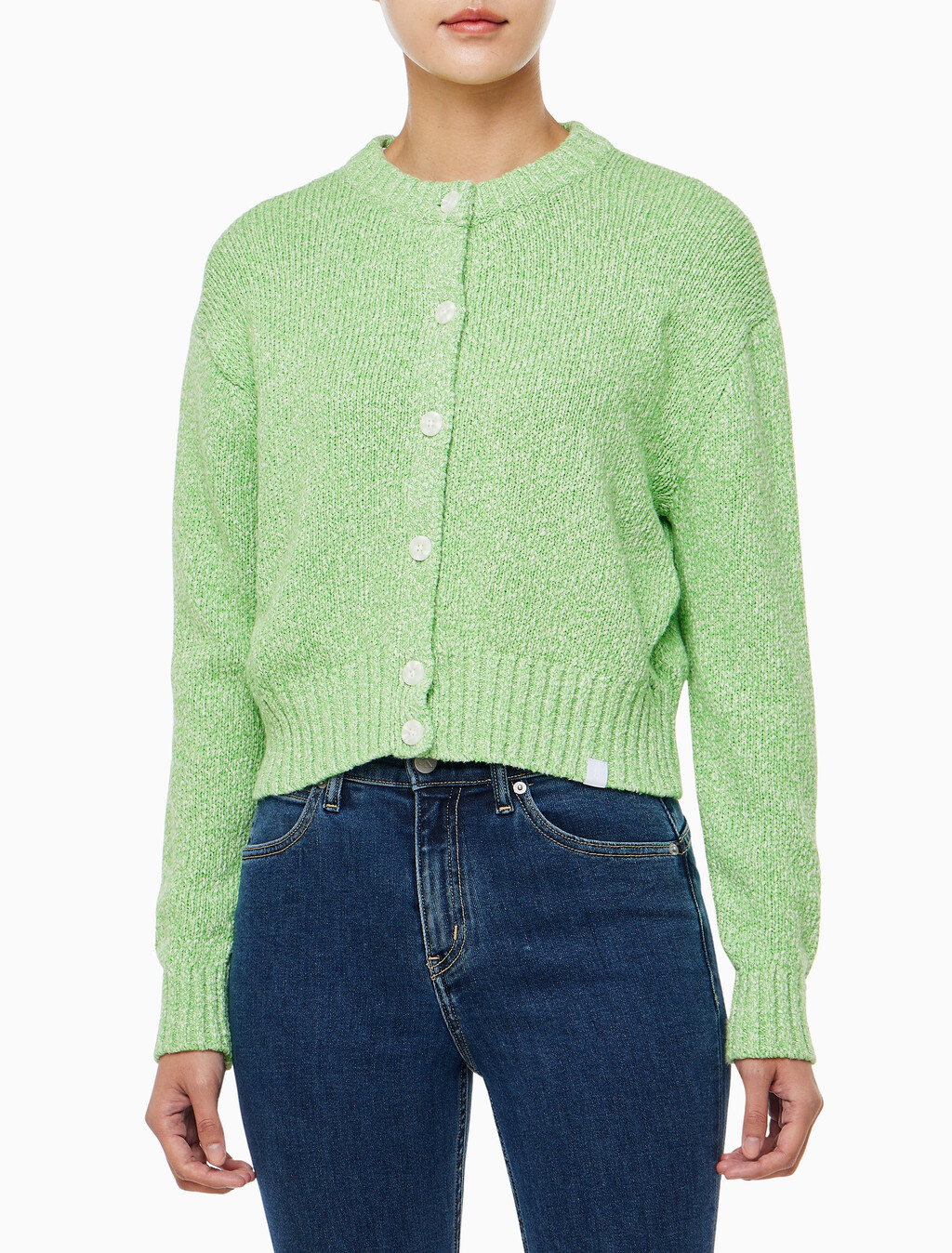 Buy 여성 청키 코튼 버튼업 가디건 in color SUMMER GREEN COMBO