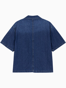 Buy 남성 다크블루 코튼 린넨 반팔 데님 셔츠 in color NILE BLUE