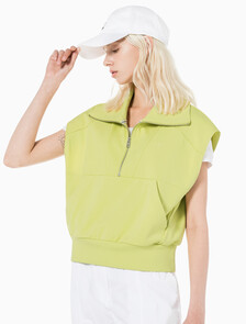 Buy 여성 드롭숄더 하프집업 슬리브리스 니트탑 in color YELLOW SAND