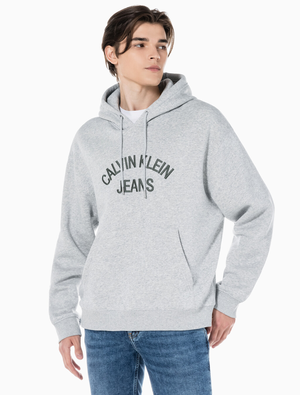 Buy 남녀공용 커브드로고 후디 in color LIGHT GREY HEATHER