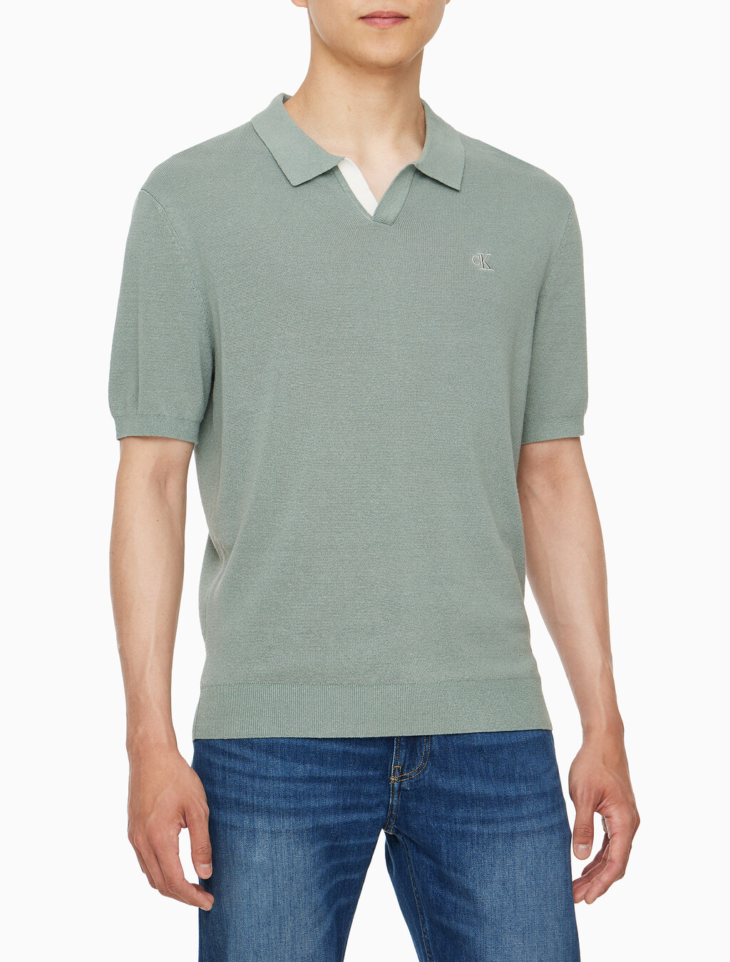 Buy 남성 CK 로고 폴로 반팔 스웨터 in color KHAKI GREY