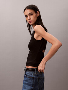 Buy 여성 우븐라벨 베이비립 컷아웃 탱크 in color BLACK