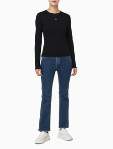 Buy 여성 우븐라벨 크루넥 롱슬리브 탑 in color BLACK