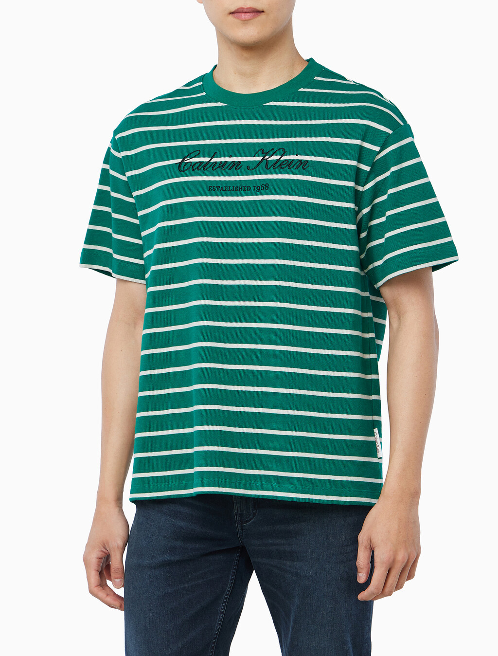 Buy 스트라이프 피케 캘빈 NYC 티 in color Green